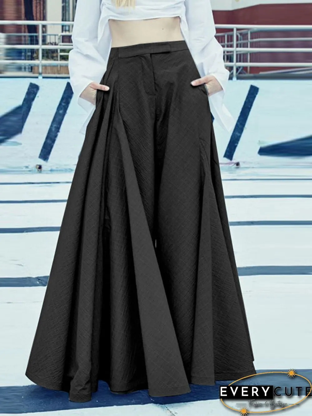 Solid Wide Leg Pocket Zip Front Loose Casual Pants