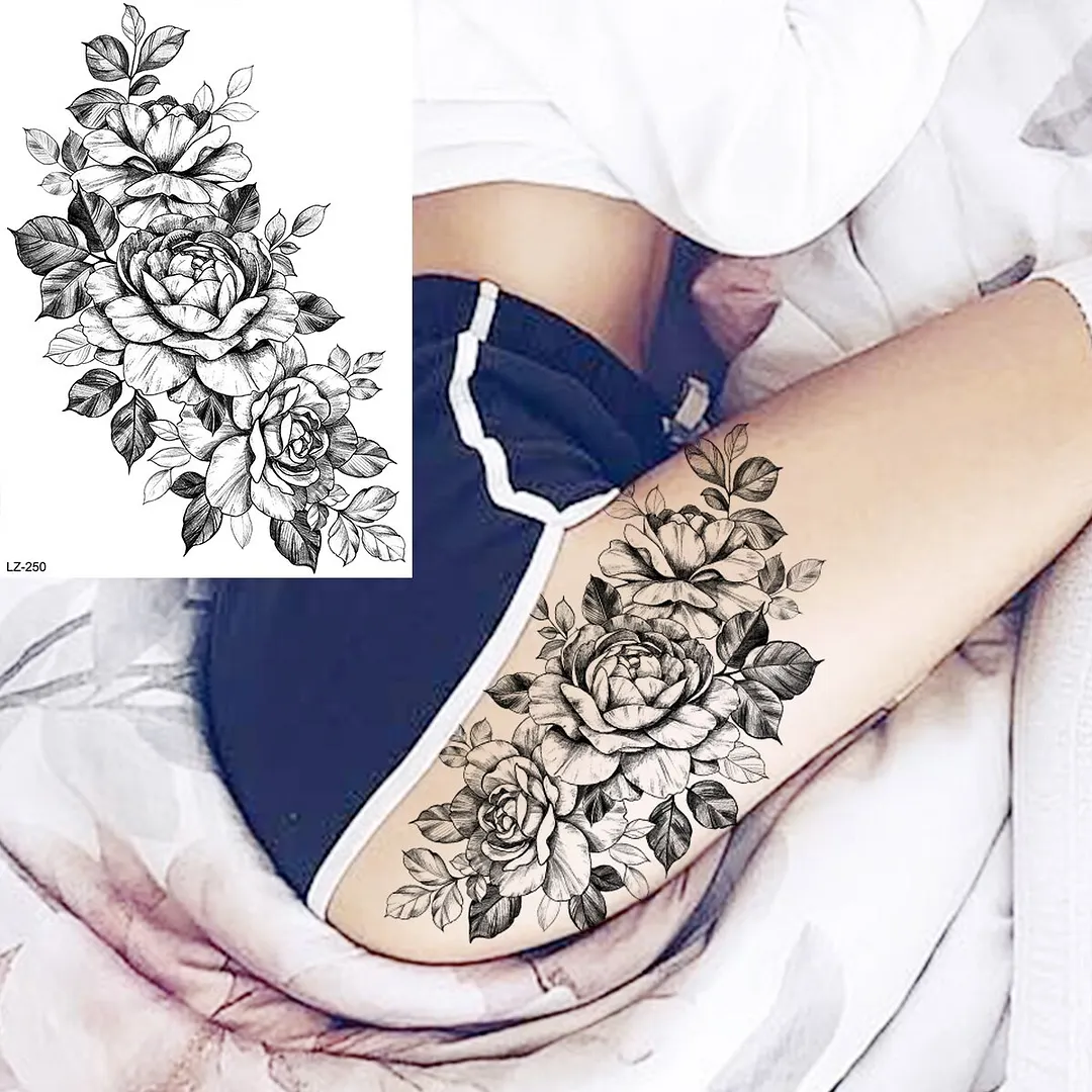 Sdrawing Peony Flower Temporary Tattoos For Women Adults Realistic Compass Moon Pendant Fake Tattoo Sticker Arm Body Tatoos