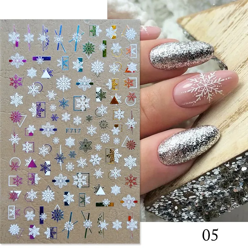 3D Christmas Nail Art Decoration Stickers Sparkly Gold White Colorful  Glitter Geometry Snowflake Winter Slider Nail Foils-Nail Inspo