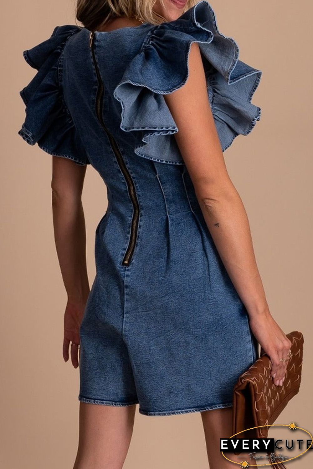 Blue Ruffle Pleated Denim Romper with Pockets