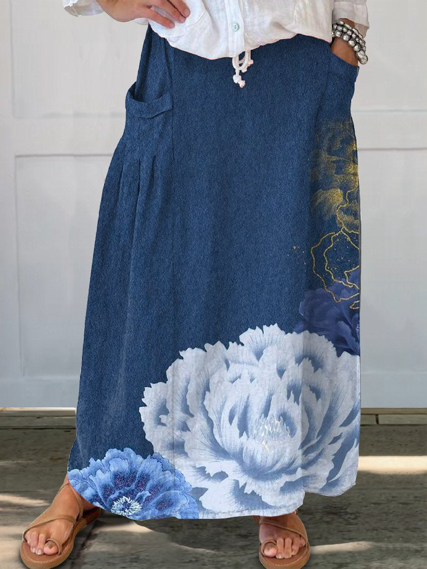 Women's Peony Flowers Casual Print Linen Pocket Skirt
