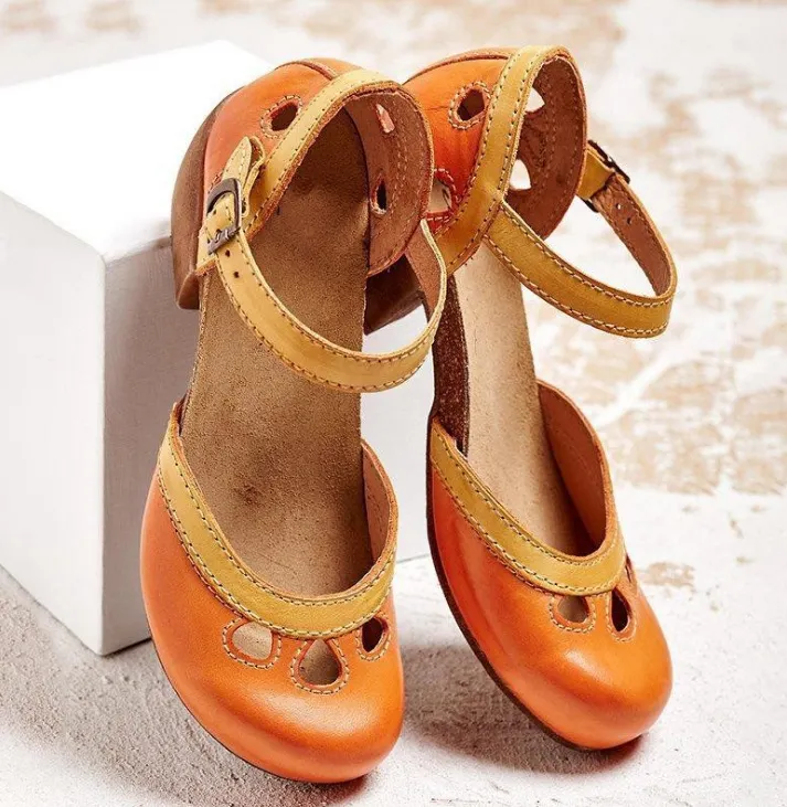 Qengg Buckle Cute Mary Janes Pumps Women Cutout Rome Round Toe Casual Office Comfy Summer High Heels Shoes Chunky Heels Pumps