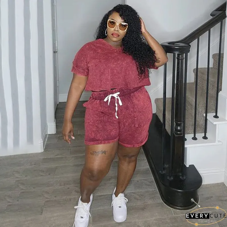 Plus Size Women Print Stretch Short Sleeve Top and Shorts Casual Two Piece Set