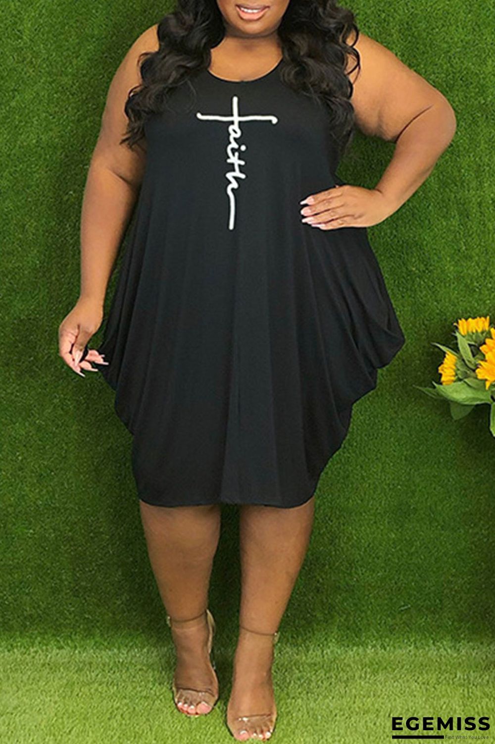 Black Casual Print Patchwork V Neck Vest Dress Plus Size Dresses | EGEMISS