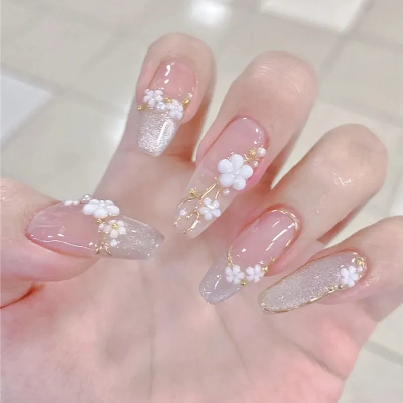 24pcs Glitter Design Fake Nail Patch Coffin Long 3D White Flower Print Nail Art Patches Full Finished Women Girl False Nail tips-Nail Inspo