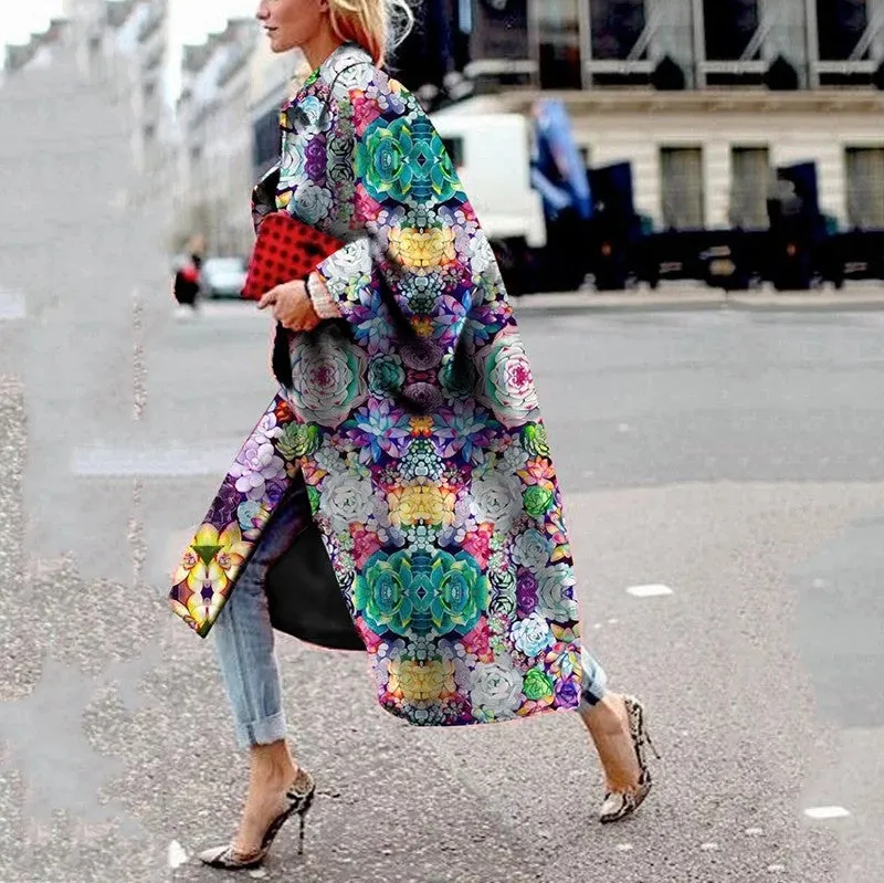 Brownm Long Flared Sleeves Printed Loose Coats