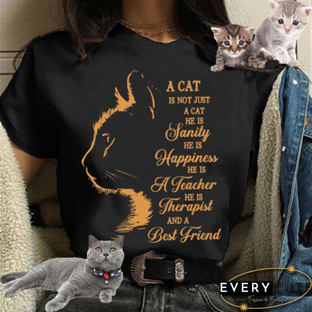 Women and Girls Cat&Letter Print Short Sleeve T-shirt Summer Short Sleeves Womens Solid Color Tees Tops Graphic Cute Cat Shirts Gifts for Cat Lovers