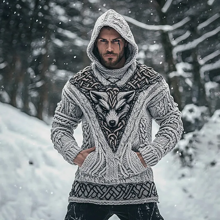 Men's Viking Tribal Wolf Inspired Celtic Chunky Knit Pocket Hooded Sweater