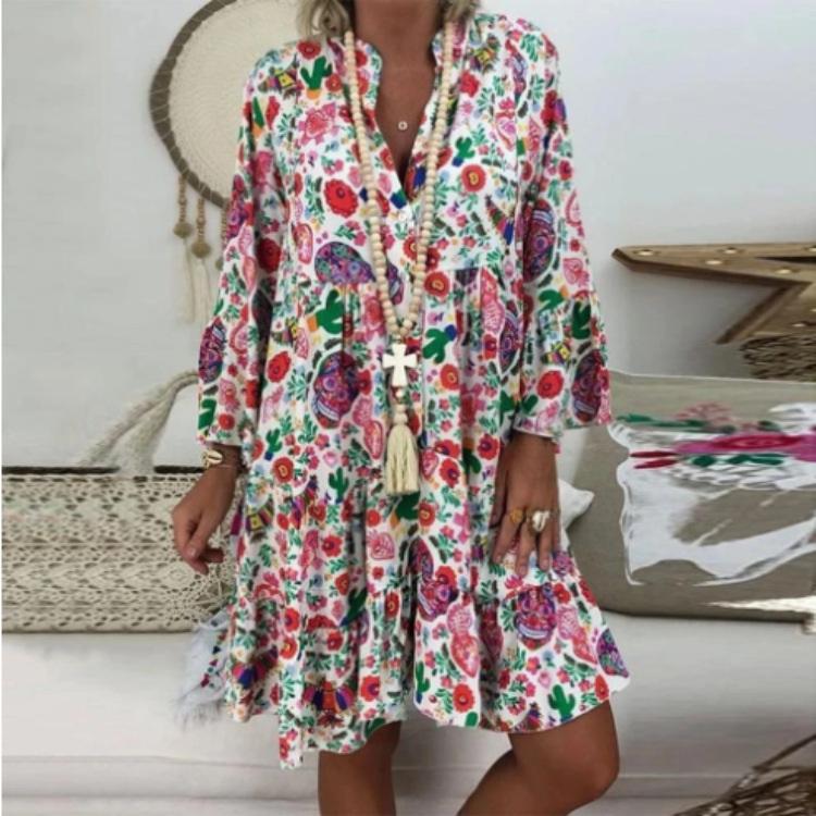Floral Print Stitching Mid-length Dress