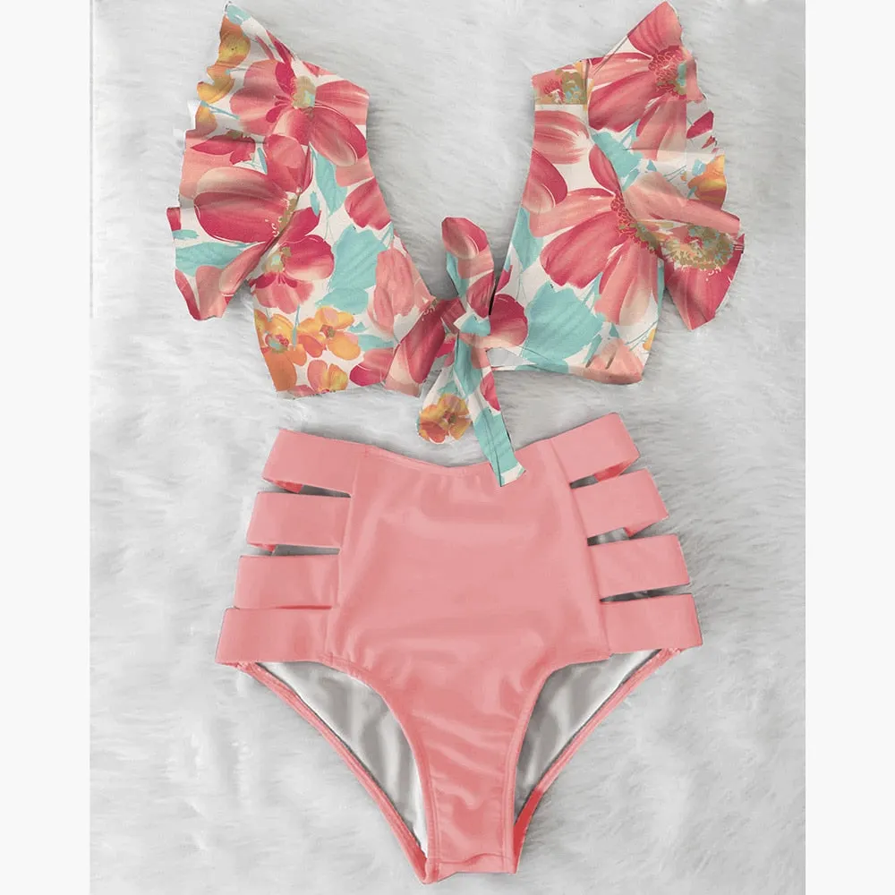 High Waist Ruffled Sexy Bikini Set 2022 Flounce Biquini Swimwear Women Two Pieces Swimsuit Floral Beachwear V-Neck Bathing Suit