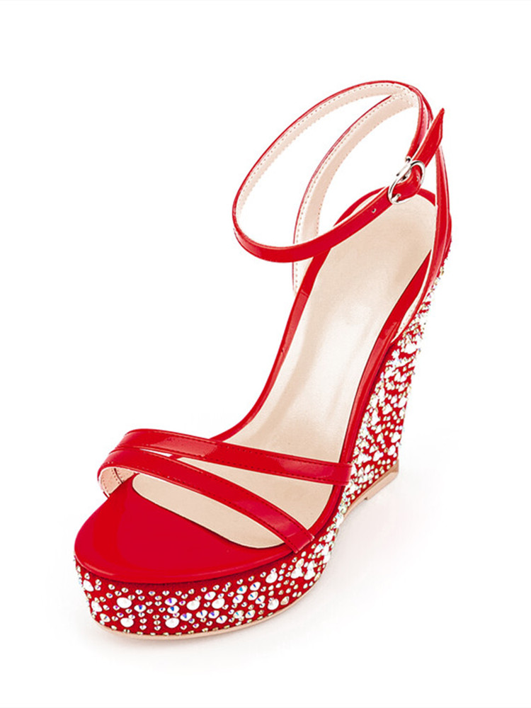 GOOSHOE Sandals Women's Slope Heel Thick Sole Color Rhinestone Straight Strap Party Sandals