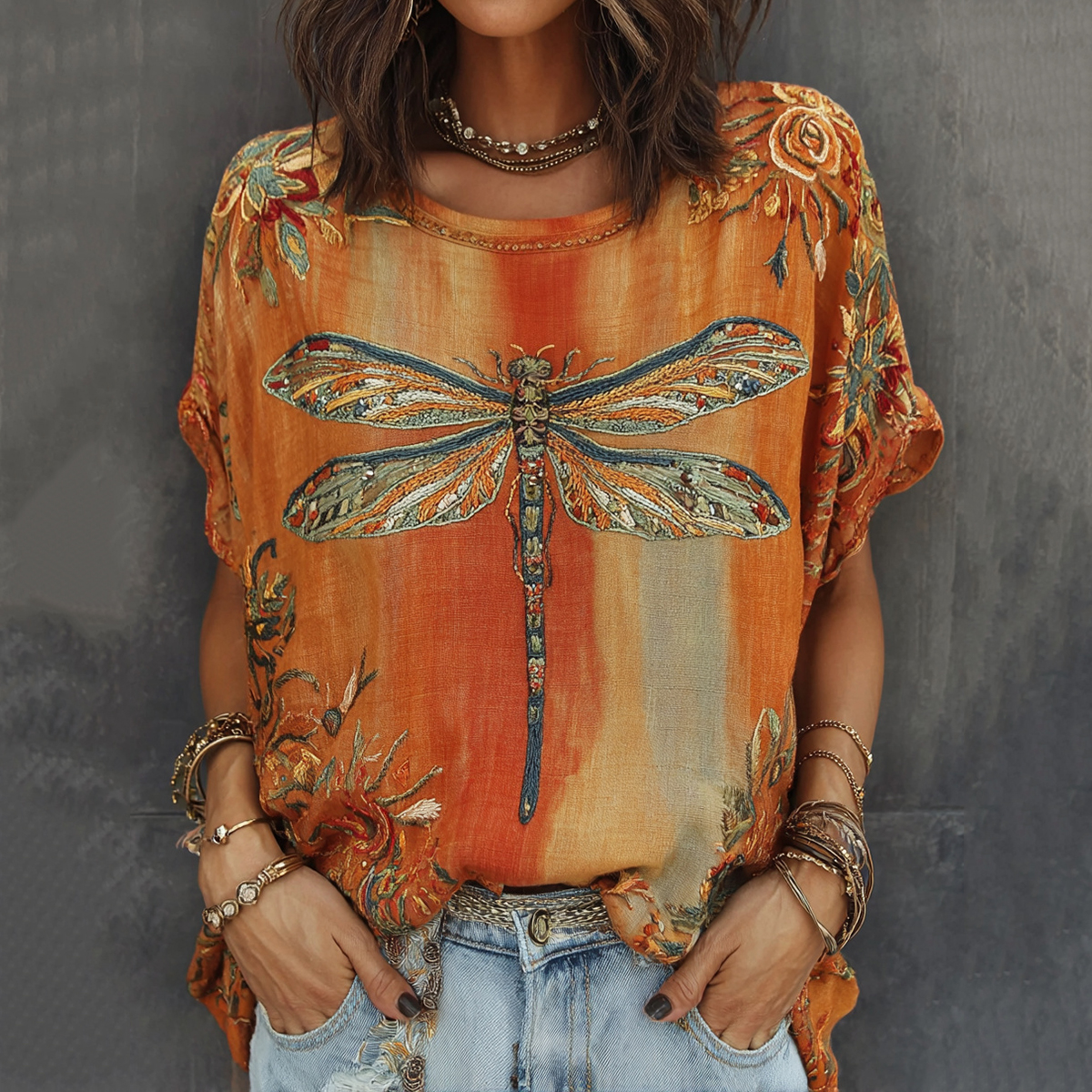 Vintage Dragonfly And  Floral Pattern Linen Blend Short Sleeve Tops elevenforest