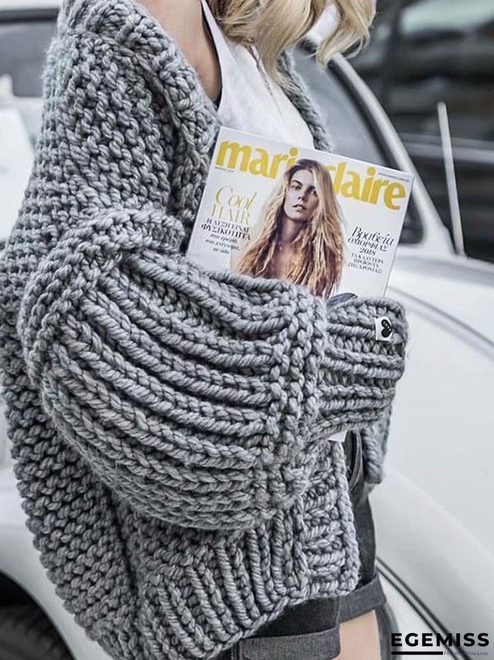 Fashion Knitting Solid Color Long Puff Sleeves Sweater | EGEMISS