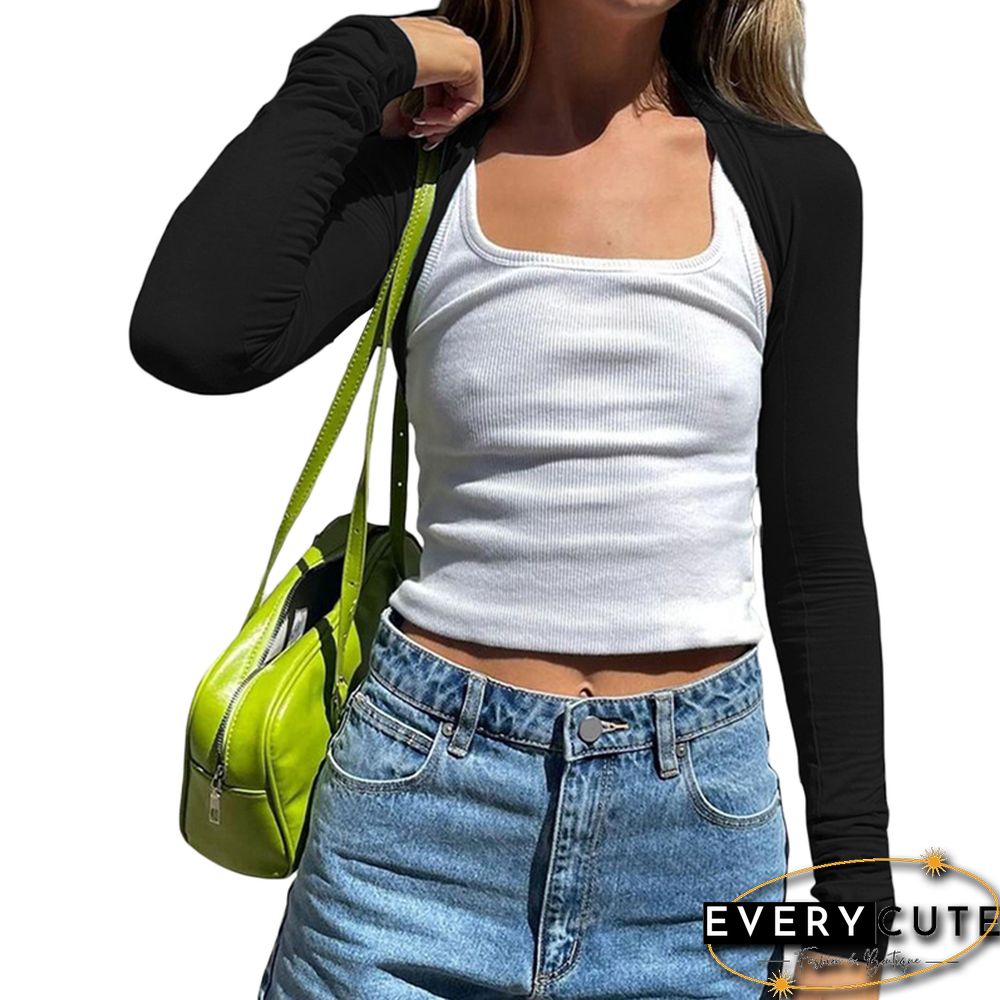 Shrug Crop Top For Women Aesthetic Black Long Sleeve Cardigan T Shirt Y2k Grunge Clothes Basic Party Streetwear