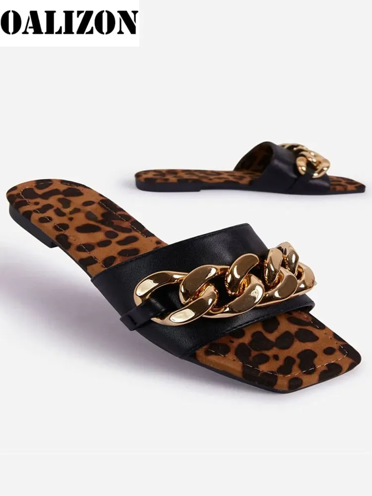 Female Women Summer New 2021 Fashion Chains Flat Open Toe Sandal Slippers Shoes Sexy Woman Lady Flip Flops Slides Slippers Shoes