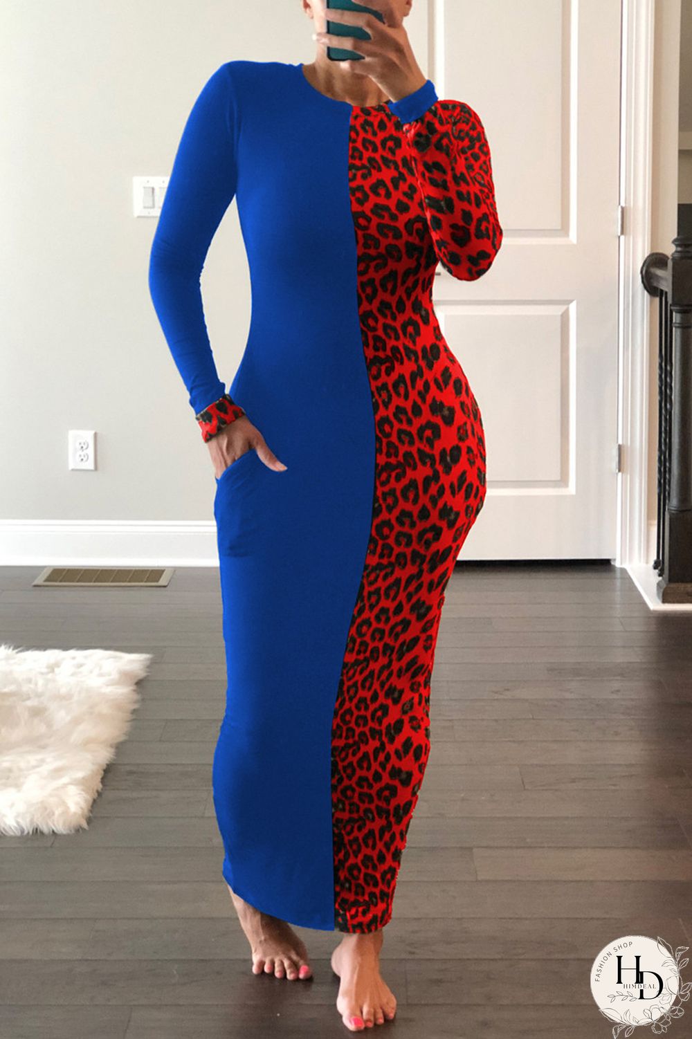 Rose Red Fashion Casual Print Leopard Split Joint O Neck Long Sleeve Dress