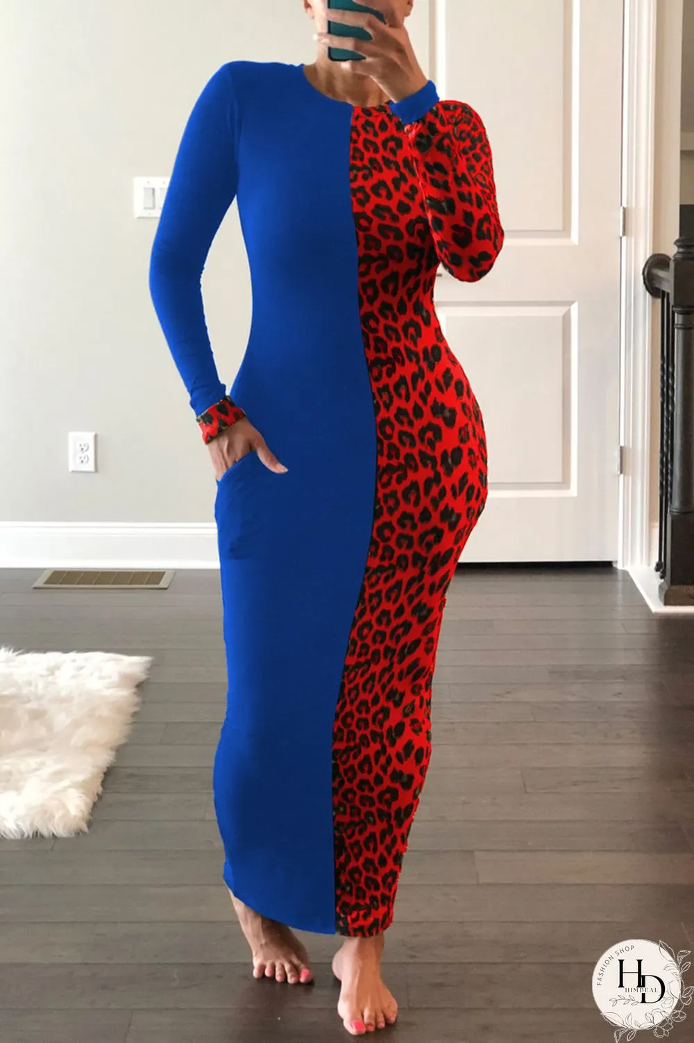 Rose Red Fashion Casual Print Leopard Split Joint O Neck Long Sleeve Dress