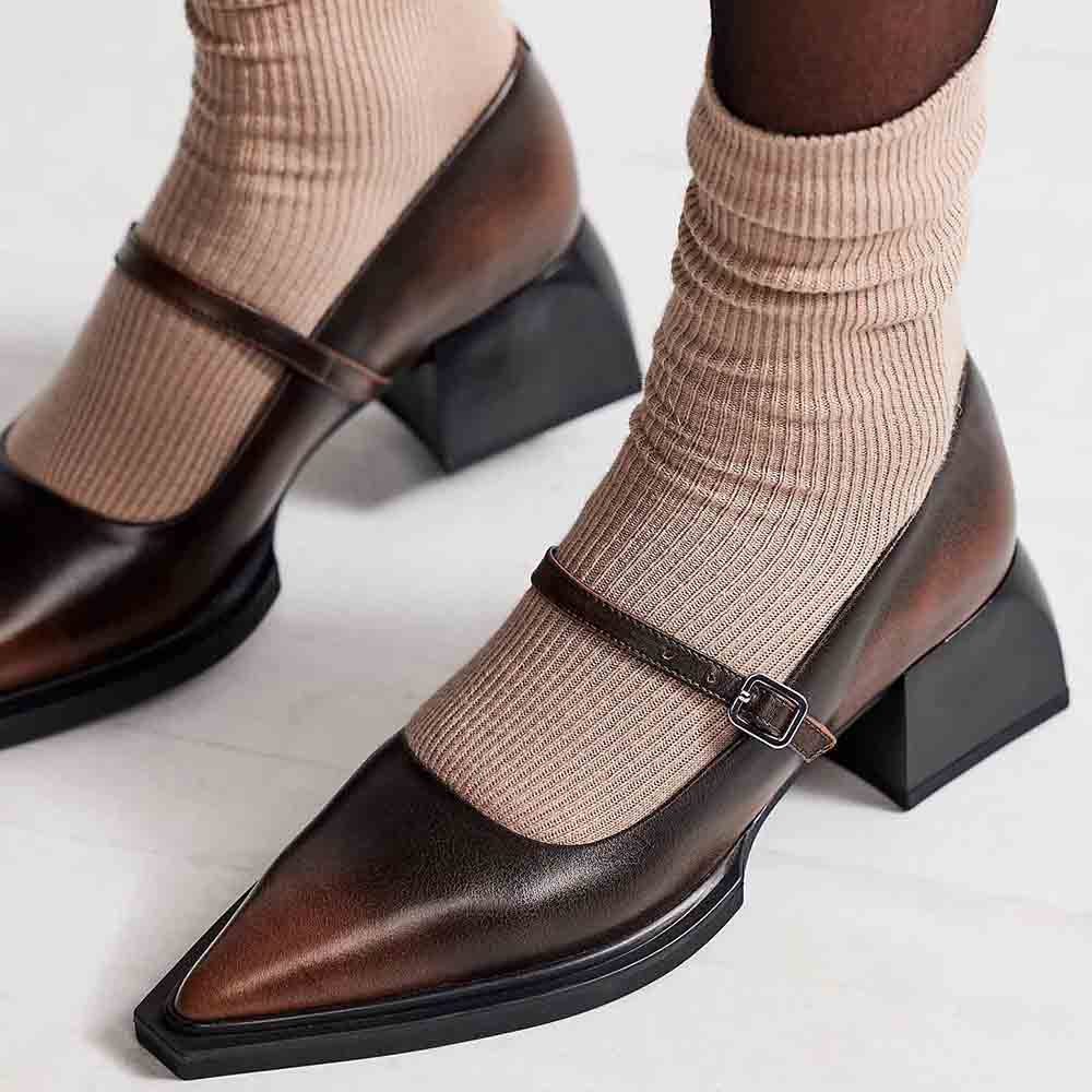 Dark Brown Pointed Toe Chunky Heel Mary Jane Shoes with Buckle Strappy Nicepairs