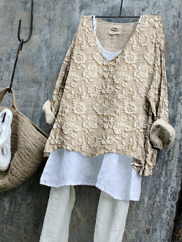 Vintage Floral Lace Embroidered Linen Blend Flowy Tunic artswardrobe