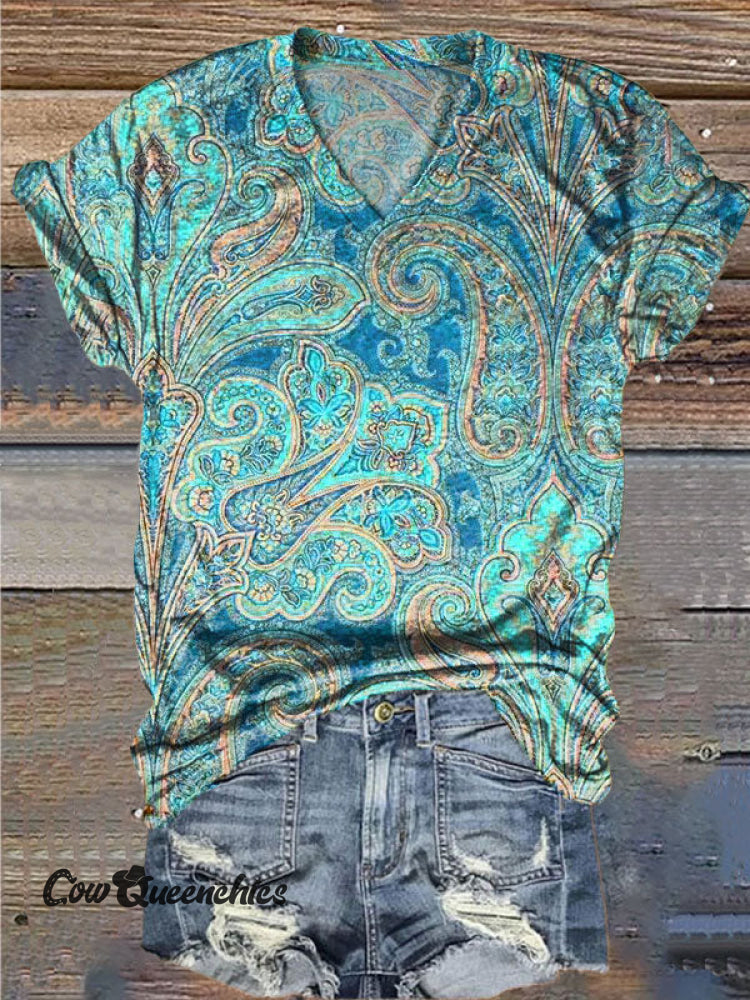 Women&rsquo;s Vintage Print V-Neck Casual T-Shirt Multicolor / S