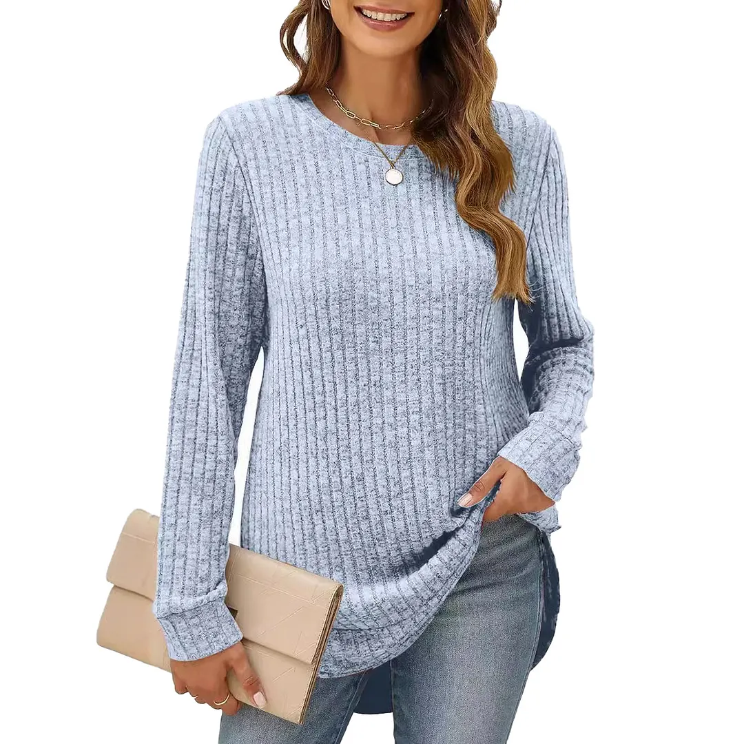 Churchf Churchf And Winter 2024 New Square Collar Pit Strip Solid Color Long-Sleeved Loose T-Shirt Top