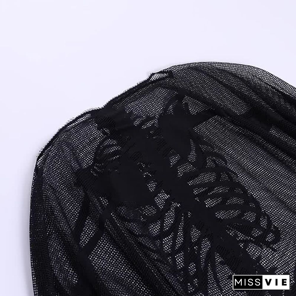 Halloween Gothic Skeleton Skull Print Lace Cloak