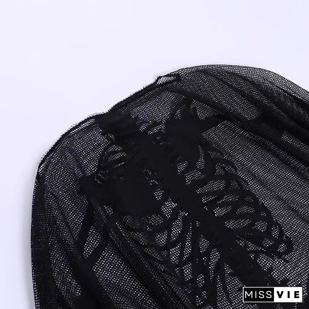 Halloween Gothic Skeleton Skull Print Lace Cloak