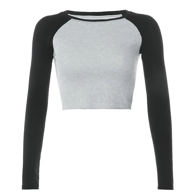 HEYounGIRL Casual Patchwork Long Sleeve Crop Top T Shirt Fashion Basic Cotton Tshirt Women Fashion Slim Korean Tee Shirt Femme