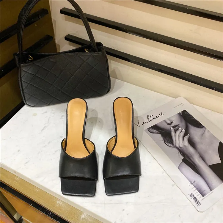 Eilyken 2022 New Summer Women's Mules Slippers Elegant Square Toe High Heels Slippers Ladies Slides Shoes Femme Zapatos Mujer