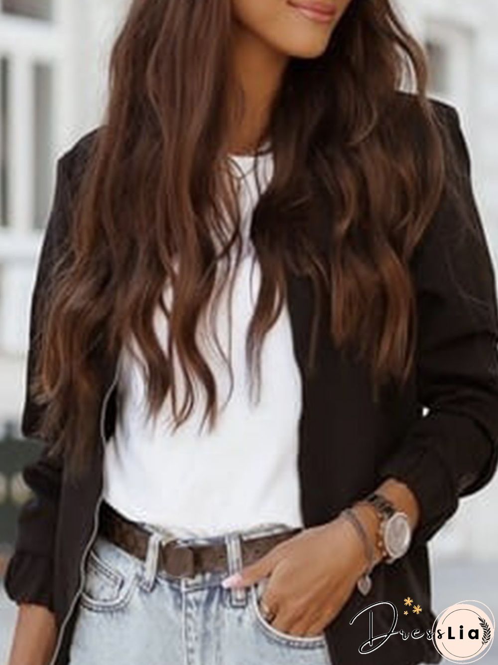 Plain Zipper Long Sleeve Plus Size Casual Jacket