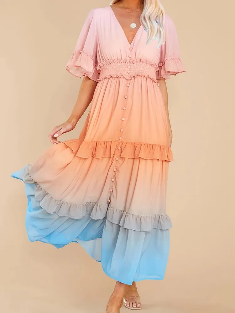 Women Sexy Button V Neck Ruffle Cake Dress Elegant Short Sleeve Gradient Party Dress Spring Summer Vacation Casual Long Dresses