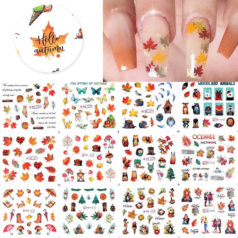12Styles Harunouta Spring Summer Alphabet Flower Leaves Nail Water Decals Popular Geometric Lines Transfer Stickers Decoration