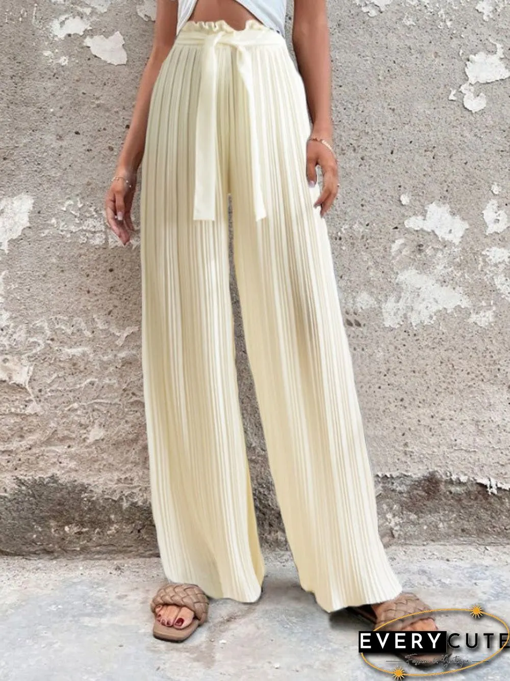 Women'S Pants Pleated Tie High Waist Straight Wide Leg Pants