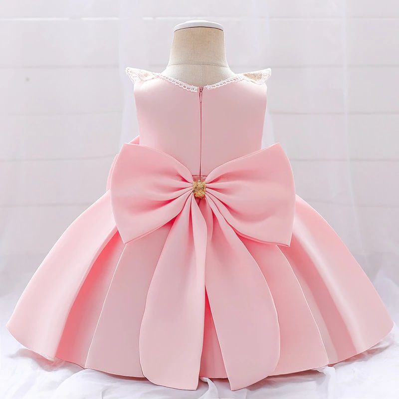 Uveng Girl Kids Clothing Baptism Bow Princess Doll Collar Sequin1 Year Baby Birthday Dress Pink Party White Children Costume