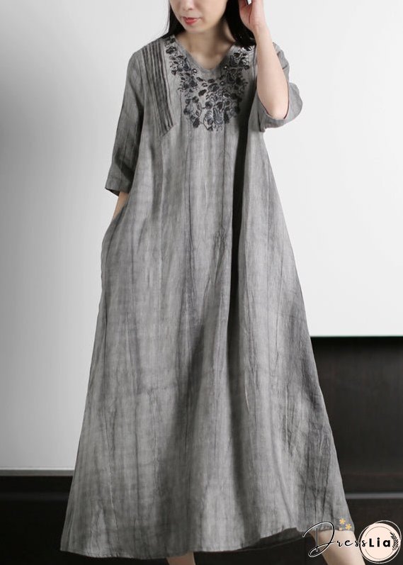 Italian Grey V Neck Embroideried Wrinkled Linen Long Dresses Half Sleeve