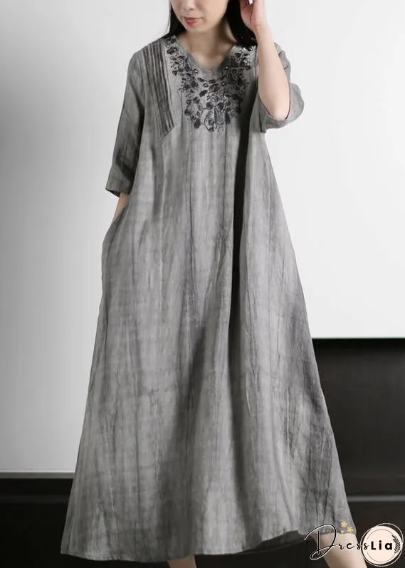 Italian Grey V Neck Embroideried Wrinkled Linen Long Dresses Half Sleeve
