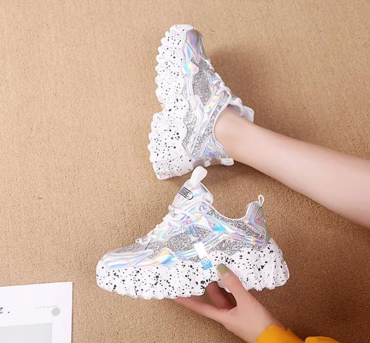 Fashion Women Shoes Dad Chunky Sneakers Women Luxury Comfortable Glossy Thick Sole Ladies Platform Wave Bottom Trainers Female
