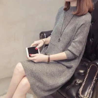 Churchf Churchf Winter Add Thick Half High Collar Bottom Unlined Upper Garment Shoulder Sleeve Loose Long Versatile Sweater Long Sweater Female Wear