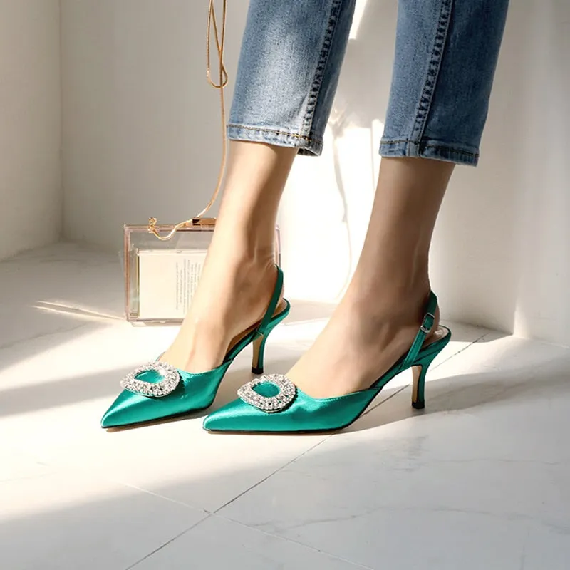 Summer new stiletto pointed high heel rhinestone buckle sandals Satin Korean version of the wild Baotou female cool shoes