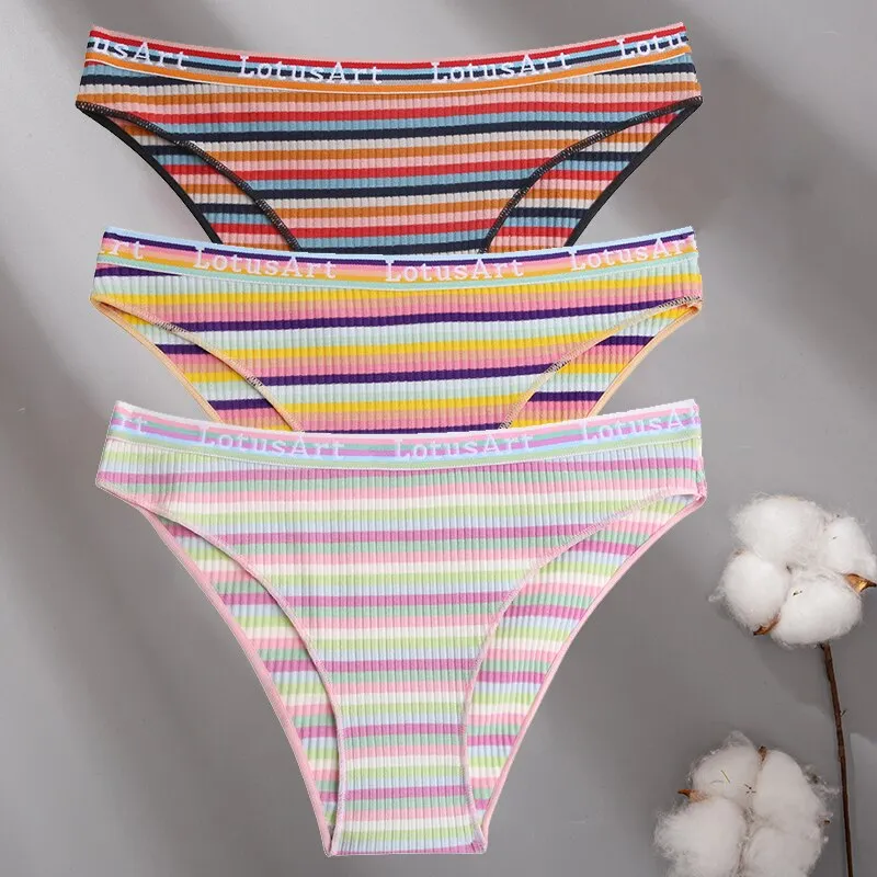 Billionm Women Cotton Colorful Stripe Panties Sexy Intimate Underwear Female Soft Solid Briefs Low Waist Underpant Soft Lingerie