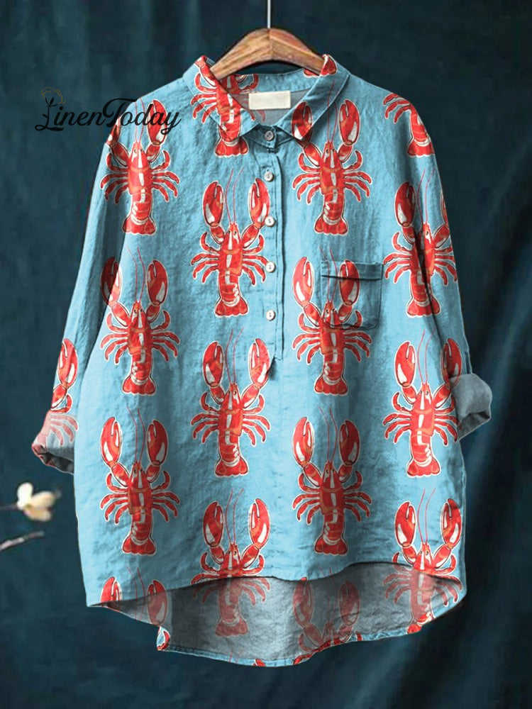Lobster Repeat Pattern Printed Women&rsquo;s Casual Cotton And Linen Shirt Multicolor / S