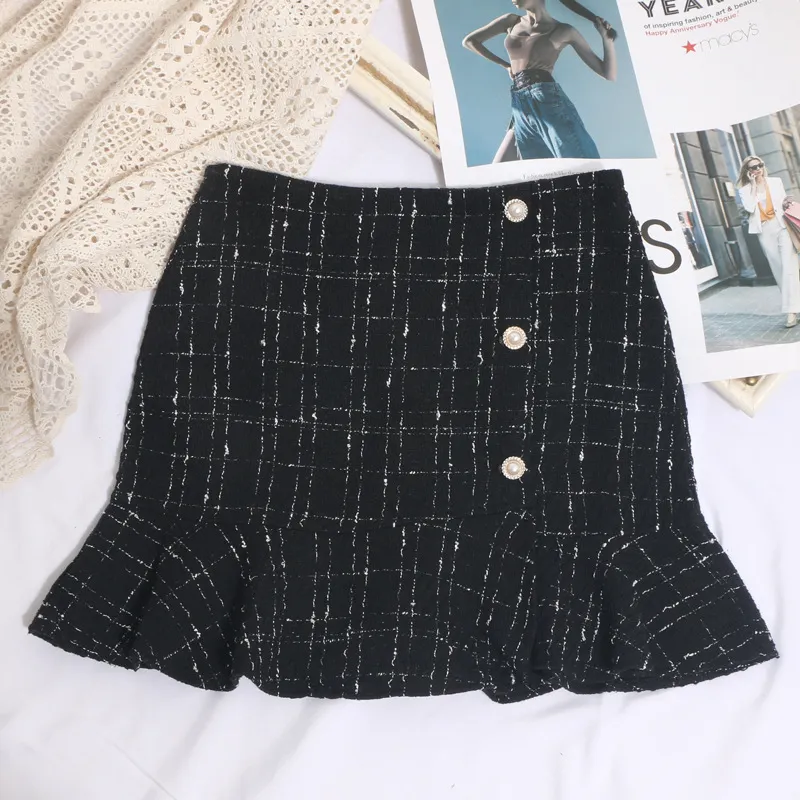 Brownm 2023 New Autumn And Winter Lattice Coarse Flowers Half-Body Skirt High Waist A-Word Bag Hip Irregular Fishtail Skirt 8876