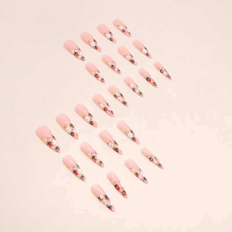 Churchf Churchf Pointed Nail Sweet Girl Lovely Strawberry Flower Flower False Nails Summer Childlike Innocence Nail Wear Nail