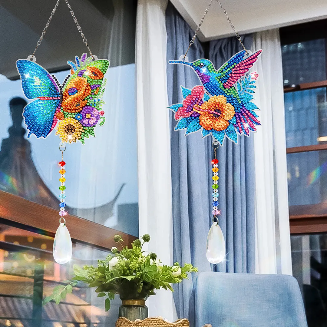 2Pcs Butterfly Hummingbird DIY Double-Sided Diamond Painting Hanging Kits Diamond Painting Suncatcher Craft Kit for Home Garden Wall Decor Gift