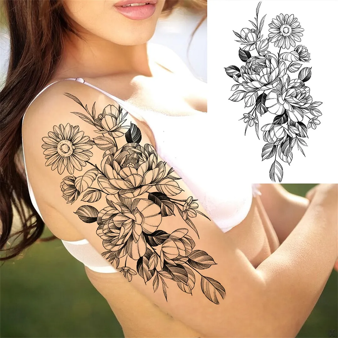Flower Compass Temporary Tattoo For Women Girls Adult Rose Peony Tattoos Sticker Fake Black Floral Body Art Thigh Tatoos Paper