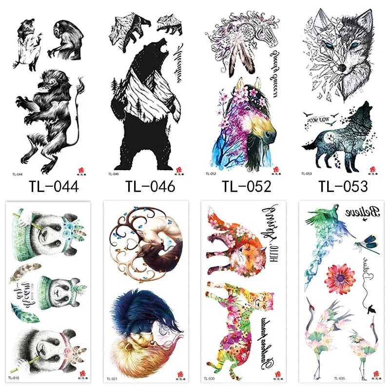 1~8 pieces of animal plants wolf bear bird art tattoo stickers disposable waterproof temporary tattoo stickers for men and women