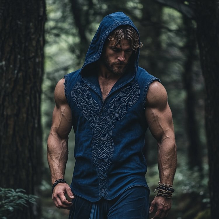 Men's Viking Celtic Knot Embroidered Linen Hooded Tank Top
