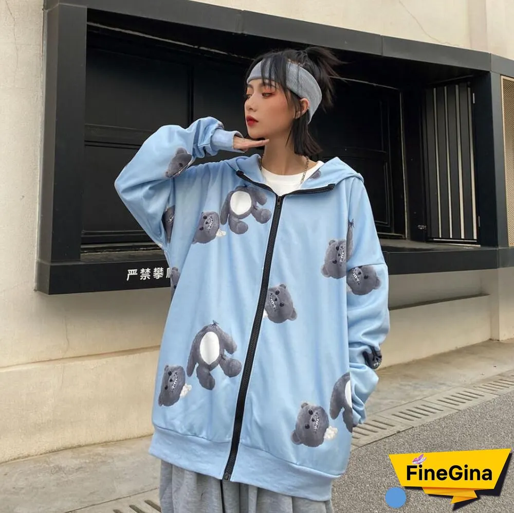Spring Autumn Women Harajuku Zip Up Hoodies Oversized Loose Korean Version Sweatshirts Cute Kawaii Pocket Jacket Clothing Casual