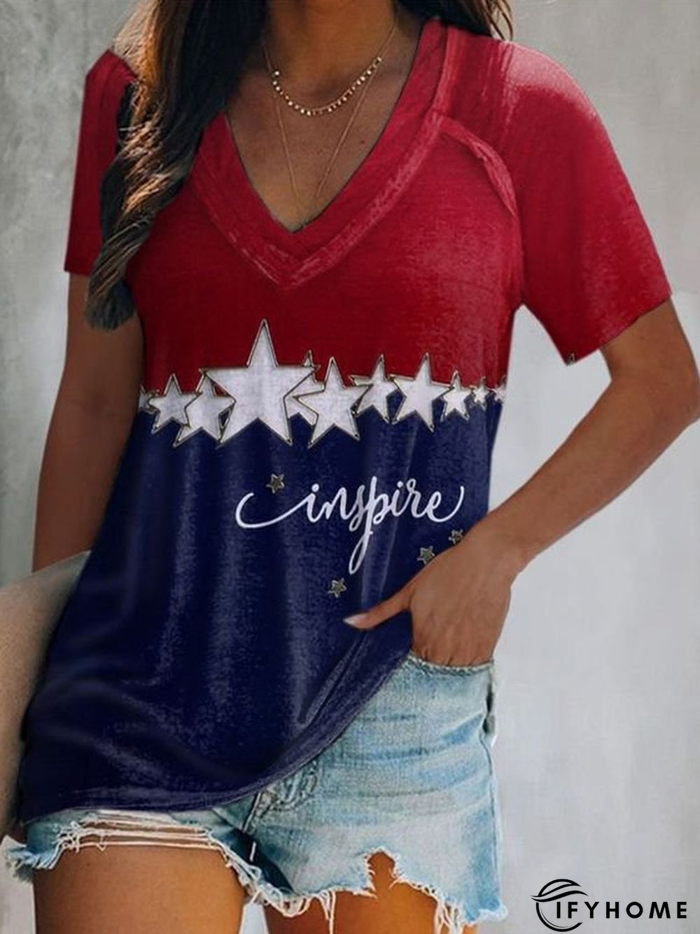 Women's American Festivals Stars Print Casual Color Block Loosen Tunic T-Shirt | IFYHOME