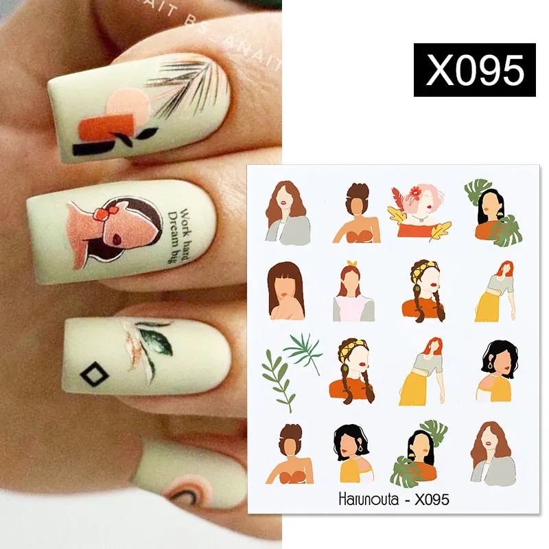 Harunouta Geometrics Line Water Decals Stickers Flower Leaves Tropical Plants Slider For Nails Spring Summer Nail Art Decoration